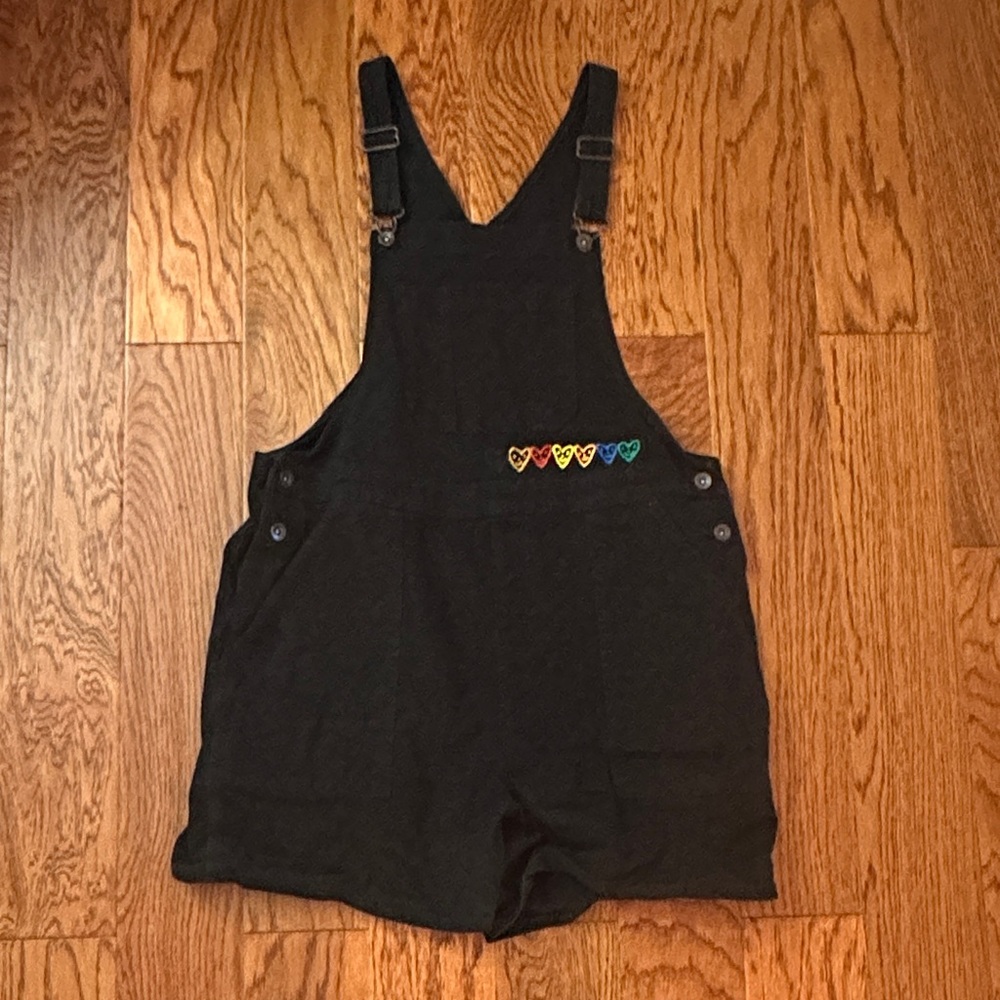 Target Black Shorts Overalls with Colorful Heart Accents